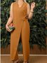 Damen Unifarben V-Ausschnitt Halbarm Lässig Sommer Baumwolle Jumpsuit