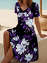 Damen Geblümt Kurzarm Sommer Print Kleid V-Ausschnitt Täglich Lässig Midi Passen & Flare Kleid A-Linien-Kleid