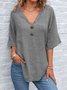 Damen Unifarben Halbarm Bluse Sommer V-Ausschnitt Täglich Retro Oberteile