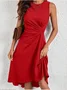 Damen Unifarben Ärmellos Sommer Nahtverarbeitung Kleid Rundhals Täglich Retro Midi Tanktop A-Linien-Kleid