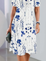 Damen Geblümt Kurzarm Sommer Print Kleid Rundhals Täglich Retro Midi Tunika H-Linie Kleid
