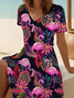 Damen Flamingo Kurzarm Sommer Print Kleid V-Ausschnitt Täglich Lässig Midi Passen & Flare Kleid A-Linien-Kleid