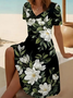 Damen Geblümt Kurzarm Sommer Print Kleid V-Ausschnitt Täglich Lässig Midi Passen & Flare Kleid A-Linien-Kleid