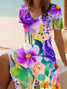 Damen Geblümt Kurzarm Sommer Print Kleid V-Ausschnitt Täglich Lässig Midi Passen & Flare Kleid A-Linien-Kleid
