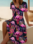 Damen Flamingo Kurzarm Sommer Print Kleid V-Ausschnitt Täglich Lässig Midi Passen & Flare Kleid A-Linien-Kleid