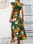 Damen Unifarben Kurzarm Sommer Print Kleid V-Ausschnitt Rüschenärmel Täglich Retro Maxikleid Tanktop A-Linien-Kleid