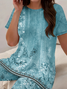 Damen Geblümt Print Zweiteiliges Set Täglich Kurzarm Lässig Sommer Bluse mit Hose Matching Set