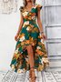 Damen Unifarben Kurzarm Sommer Print Kleid V-Ausschnitt Rüschenärmel Täglich Retro Maxikleid Tanktop A-Linien-Kleid