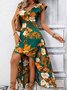 Damen Unifarben Kurzarm Sommer Print Kleid V-Ausschnitt Rüschenärmel Täglich Retro Maxikleid Tanktop A-Linien-Kleid