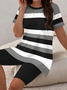 Damen Gestreift Print Zweiteiliges Set Täglich Kurzarm Lässig Sommer Bluse mit Hose Matching Set