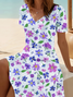 Damen Geblümt Kurzarm Sommer Print Kleid V-Ausschnitt Täglich Lässig Midi Passen & Flare Kleid A-Linien-Kleid