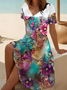 Damen Geblümt Kurzarm Sommer Print Kleid V-Ausschnitt Täglich Lässig Midi Passen & Flare Kleid A-Linien-Kleid