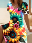 Damen Geblümt Kurzarm Sommer Print Kleid V-Ausschnitt Täglich Lässig Midi Passen & Flare Kleid A-Linien-Kleid