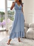 Damen Unifarben Kurzarm Sommer Nahtverarbeitung Kleid V-Ausschnitt Rüschenärmel Täglich Retro Maxikleid Tanktop A-Linien-Kleid