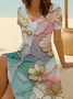 Damen Geblümt Kurzarm Sommer Print Kleid V-Ausschnitt Täglich Lässig Midi Passen & Flare Kleid A-Linien-Kleid