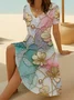 Damen Geblümt Kurzarm Sommer Print Kleid V-Ausschnitt Täglich Lässig Midi Passen & Flare Kleid A-Linien-Kleid