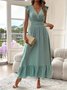 Damen Unifarben Kurzarm Sommer Nahtverarbeitung Kleid V-Ausschnitt Rüschenärmel Täglich Retro Maxikleid Tanktop A-Linien-Kleid
