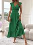 Damen Unifarben Kurzarm Sommer Nahtverarbeitung Kleid V-Ausschnitt Rüschenärmel Täglich Retro Maxikleid Tanktop A-Linien-Kleid