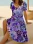 Damen Geblümt Kurzarm Sommer Print Kleid V-Ausschnitt Täglich Lässig Midi Passen & Flare Kleid A-Linien-Kleid
