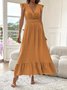 Damen Unifarben Kurzarm Sommer Nahtverarbeitung Kleid V-Ausschnitt Rüschenärmel Täglich Retro Maxikleid Tanktop A-Linien-Kleid