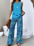 Damen Psychedelisch Kunst Zweiteiliges Set Täglich Ärmellos Lässig Sommer Bluse mit Hose Matching Set