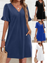 Damen Unifarben Kurzarm Sommer Kleid V-Ausschnitt Täglich Lässig Midi Passen & Flare Kleid A-Linien-Kleid