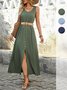 Damen Unifarben Ärmellos Sommer Nahtverarbeitung Kleid V-Ausschnitt Täglich Retro Maxikleid Tanktop A-Linien-Kleid