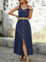 Damen Unifarben Ärmellos Sommer Nahtverarbeitung Kleid V-Ausschnitt Täglich Retro Maxikleid Tanktop A-Linien-Kleid