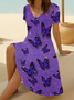 Damen Schmetterling Kurzarm Sommer Print Kleid V-Ausschnitt Täglich Lässig Midi Passen & Flare Kleid A-Linien-Kleid