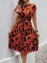 Damen Abstrakt Grafik Kurzarm Sommer Print Kleid V-Ausschnitt Täglich Retro Midi Tanktop A-Linien-Kleid