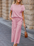 Damen Unifarben Nahtverarbeitung Zweiteiliges Set Täglich Halbarm Lässig Sommer Bluse mit Hose Matching Set