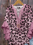 Damen Leopard Halbarm Bluse Sommer Print V-Ausschnitt Täglich Lässig Oberteile