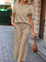 Damen Unifarben Nahtverarbeitung Zweiteiliges Set Täglich Halbarm Lässig Sommer Bluse mit Hose Matching Set