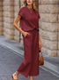 Damen Unifarben Nahtverarbeitung Zweiteiliges Set Täglich Halbarm Lässig Sommer Bluse mit Hose Matching Set