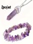 Naturstein Kies Kristall Damen Kette Armband Irregulär Klein Kies Amethyst Armband Elastisch Armband Halskette 2 Stück Set