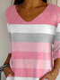 Damen Gestreift Dreiviertelärmel T-Shirts T-Shirt V-Ausschnitt Print Lässig Frühling/Herbst T-Shirt mit Grafik Oberteile
