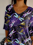 Damen Libelle Dreiviertelärmel T-Shirts T-Shirt V-Ausschnitt Print Lässig Frühling/Herbst T-Shirt mit Grafik Oberteile