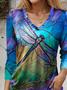 Damen Libelle Langarm T-Shirts T-Shirt V-Ausschnitt Print Lässig Frühling/Herbst T-Shirt mit Grafik Oberteile