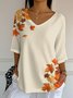 Damen Ahornblatt Dreiviertelärmel T-Shirts T-Shirt Rundhals Retro Frühling/Herbst Oberteile
