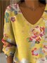 Damen Geblümt Frühling/Herbst Lässig Langarm V-Ausschnitt Baumwolle Pullover