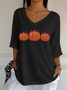 Damen Halloween (Kürbis) Dreiviertelärmel T-Shirts T-Shirt V-Ausschnitt Print Lässig Frühling/Herbst T-Shirt mit Grafik Oberteile