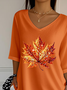 Damen Ahornblatt Dreiviertelärmel T-Shirts T-Shirt V-Ausschnitt Print Lässig Frühling/Herbst T-Shirt mit Grafik Oberteile