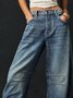 Schnalle Baumwolle Weit Lässig Damen Weit Hose mit Weitem Bein Mitte-niedrig Erheben Gewaschen Krummsäbel Hose Jeans