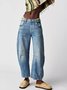 Schnalle Baumwolle Weit Lässig Damen Weit Hose mit Weitem Bein Mitte-niedrig Erheben Gewaschen Krummsäbel Hose Jeans