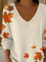 Damen Ahornblatt Langarm T-Shirts T-Shirt V-Ausschnitt Print Lässig Frühling/Herbst Oberteile