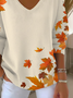 Damen Ahornblatt Langarm T-Shirts T-Shirt V-Ausschnitt Print Lässig Frühling/Herbst Oberteile