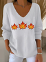 Damen Ahornblatt Langarm T-Shirts T-Shirt V-Ausschnitt Print Lässig Frühling/Herbst Oberteile