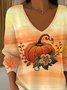 Damen Ahornblatt Langarm T-Shirts T-Shirt V-Ausschnitt Print Lässig Frühling/Herbst Oberteile
