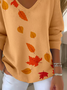 Damen Ahornblatt Langarm T-Shirts T-Shirt V-Ausschnitt Print Lässig Frühling/Herbst Oberteile