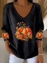 Damen Geblümt Langarm T-Shirts T-Shirt V-Ausschnitt Print Lässig Frühling/Herbst Oberteile